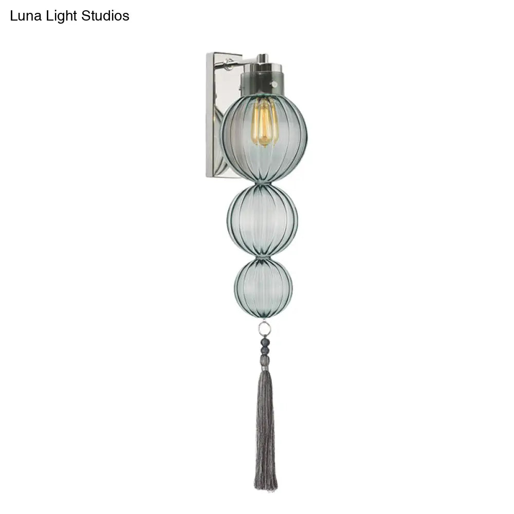 Round Glass Wall Sconce with Decorative Tassel | Asian-Inspired Globe Fixture | Chrome or Brass Finish for Living Room, Hallway, Bedroom | Thomler