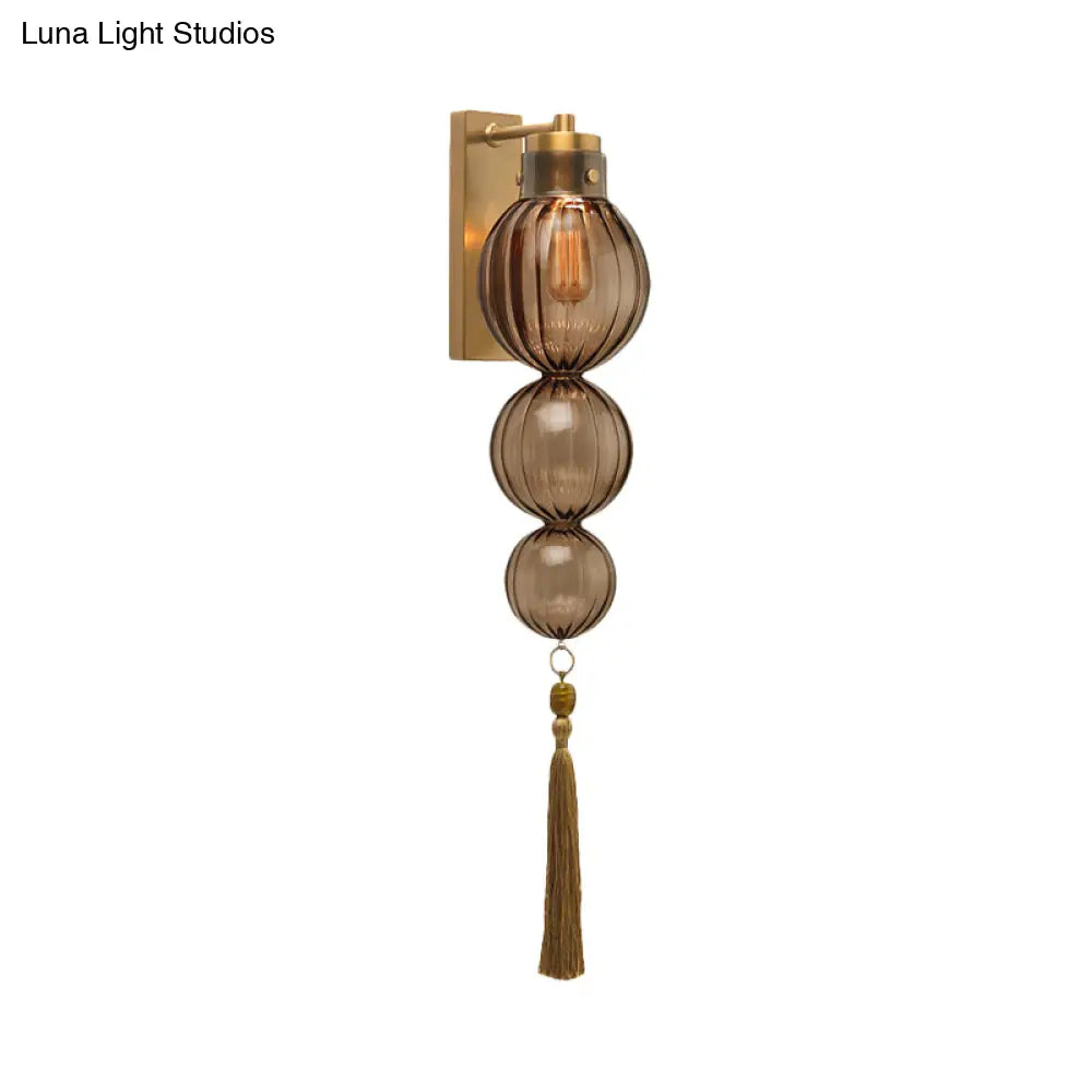 Round Glass Wall Sconce with Decorative Tassel | Asian-Inspired Globe Fixture | Chrome or Brass Finish for Living Room, Hallway, Bedroom | Thomler