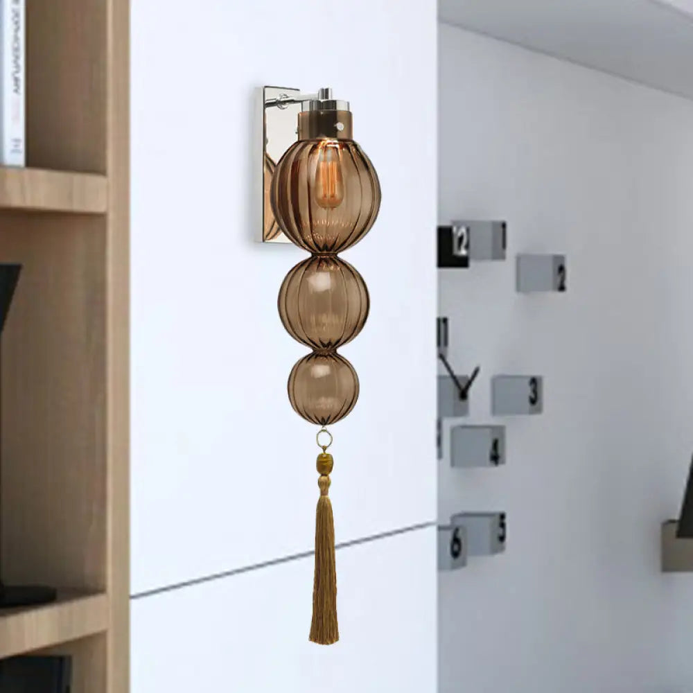 Round Glass Wall Sconce with Decorative Tassel | Asian-Inspired Globe Fixture | Chrome or Brass Finish for Living Room, Hallway, Bedroom | Thomler