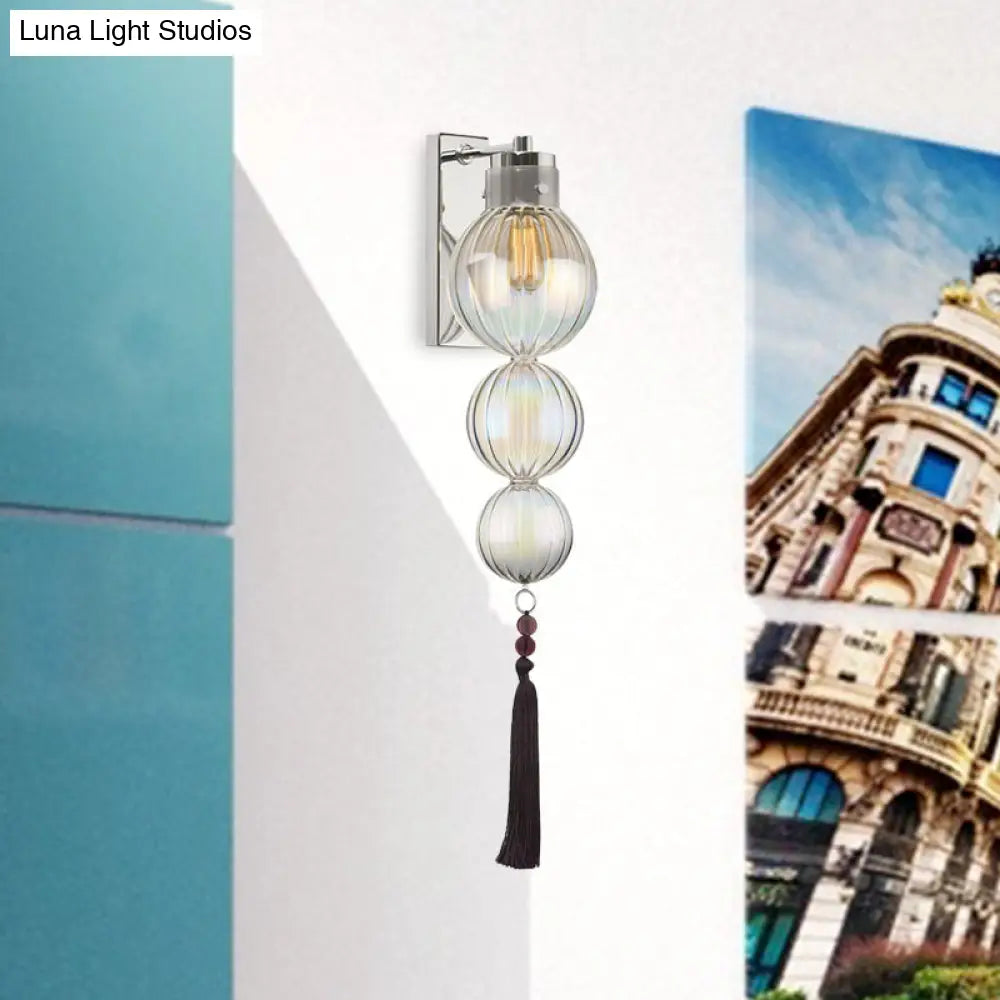 Round Glass Wall Sconce with Decorative Tassel | Asian-Inspired Globe Fixture | Chrome or Brass Finish for Living Room, Hallway, Bedroom | Thomler