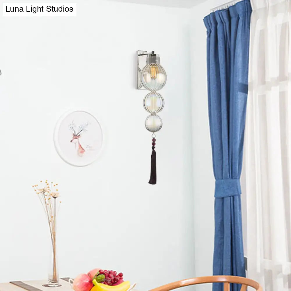 Round Glass Wall Sconce with Decorative Tassel | Asian-Inspired Globe Fixture | Chrome or Brass Finish for Living Room, Hallway, Bedroom | Thomler