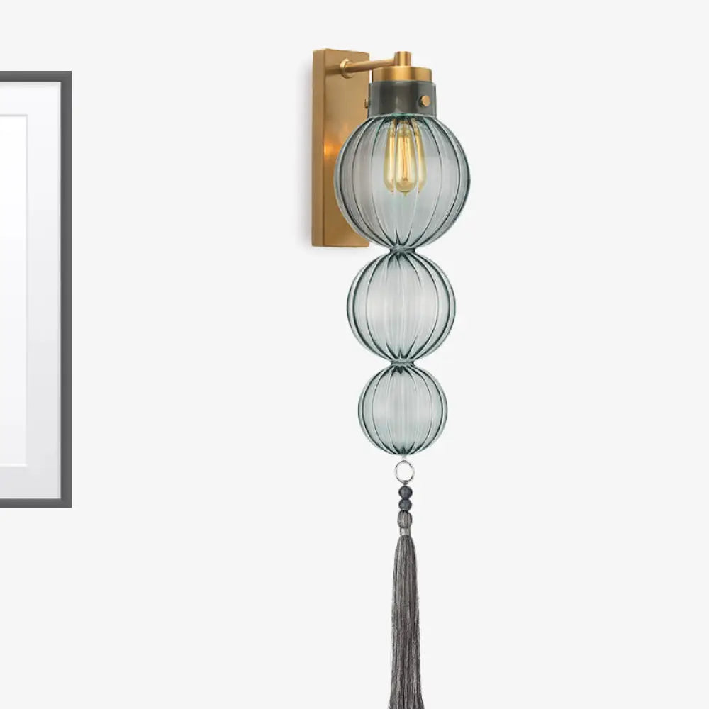 Round Glass Wall Sconce with Decorative Tassel | Asian-Inspired Globe Fixture | Chrome or Brass Finish for Living Room, Hallway, Bedroom | Thomler