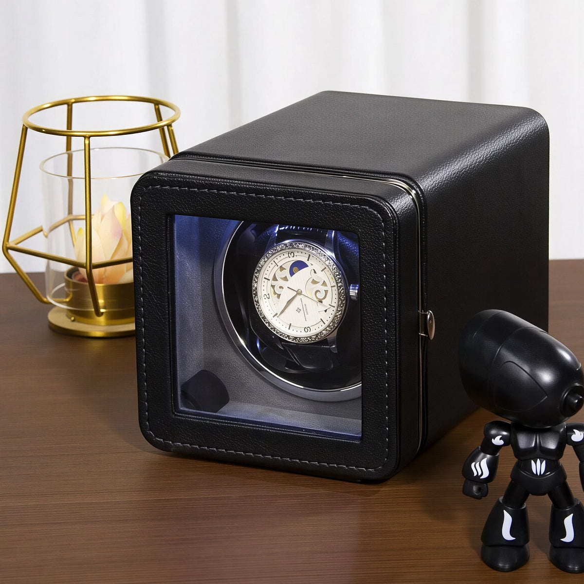 Single Watch Winder Case with 5 Rotation Modes, LED Display & Quiet Motor for Automatic Timepieces | Thomler