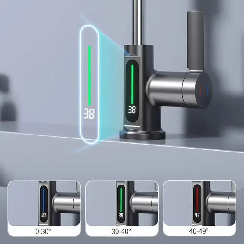 Kitchen Faucet Stainless Steel Brass 38.0 cm White Digital Display Pull Out Spray Tap Temperature Control Swivel Mixer | Thomler