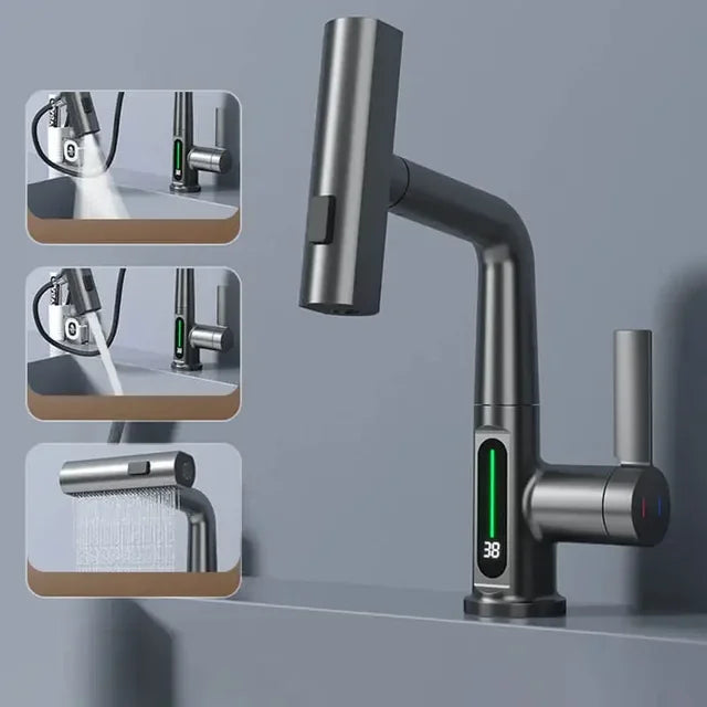 Kitchen Faucet Stainless Steel Brass 38.0 cm White Digital Display Pull Out Spray Tap Temperature Control Swivel Mixer | Thomler