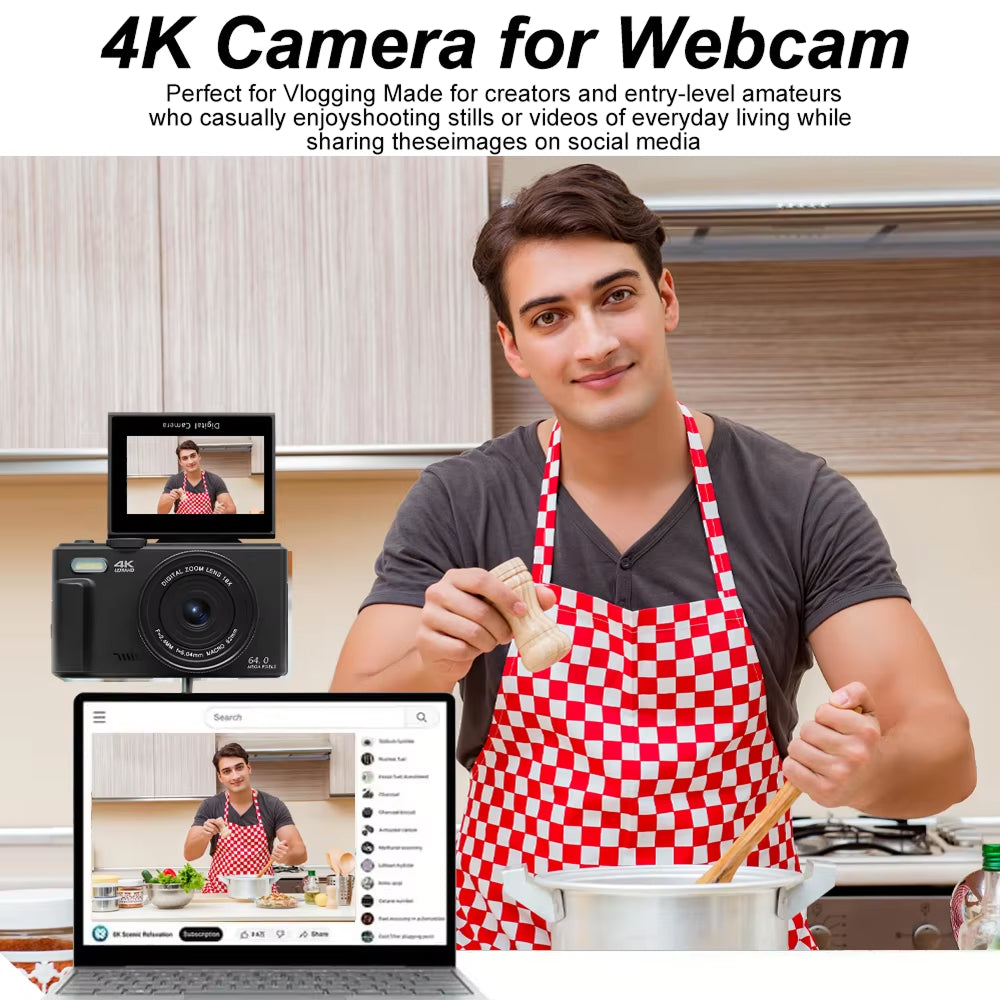 Compact 4K Digital Video Camera with Flip Screen & 18x Zoom for Vlogging, Content Creation, Travel & Photography | Thomler