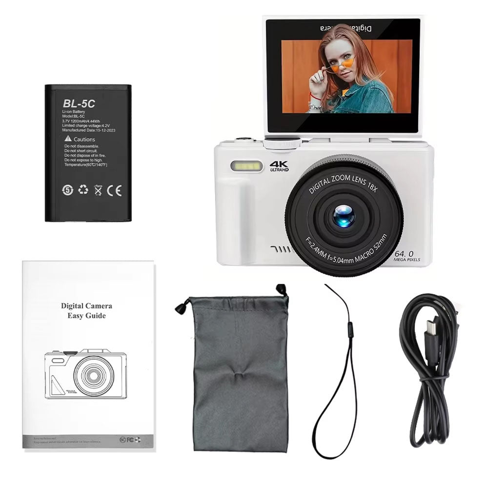 Compact 4K Digital Video Camera with Flip Screen & 18x Zoom for Vlogging, Content Creation, Travel & Photography | Thomler
