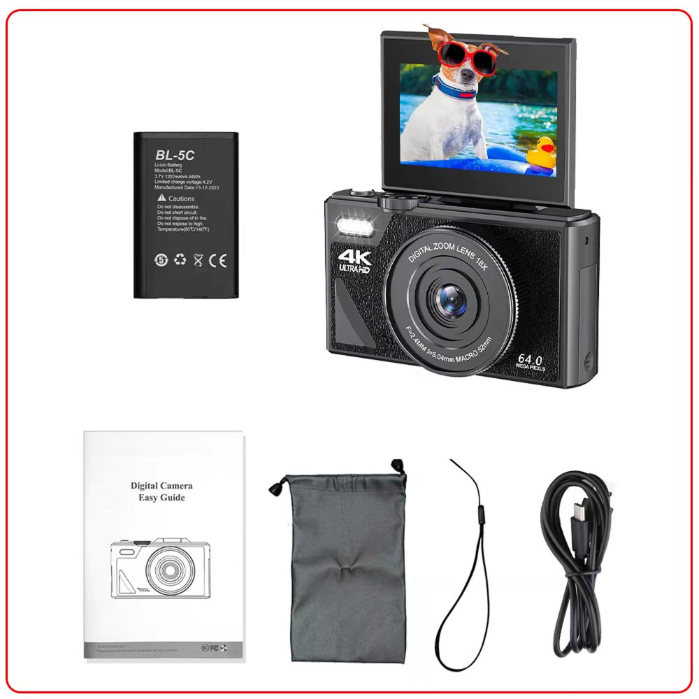 Compact 4K Digital Video Camera with Flip Screen & 18x Zoom for Vlogging, Content Creation, Travel & Photography | Thomler