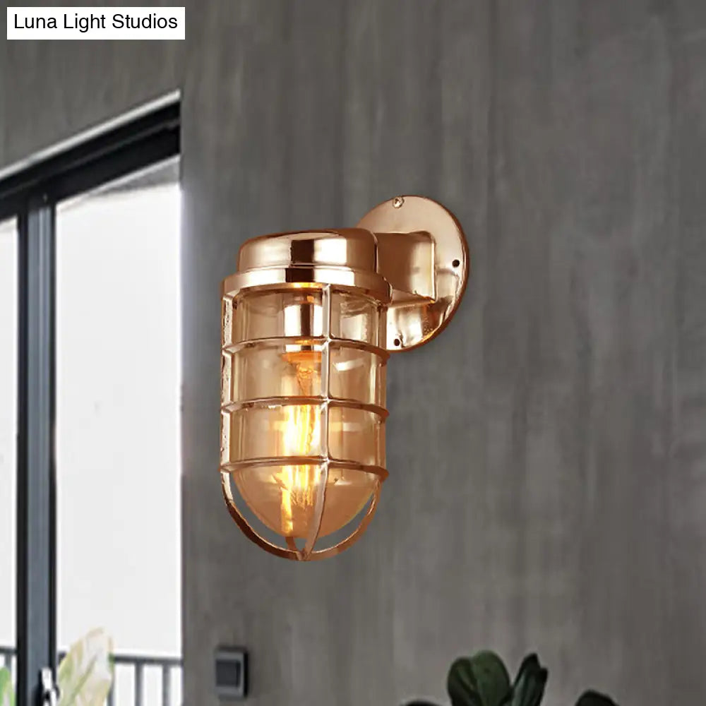 Metal Cage Wall Sconce with Glass Shade – Industrial Hardwired Light for Hallway, Bedroom, Dining Room – 4" Wide 1-Light Fixture | Thomler