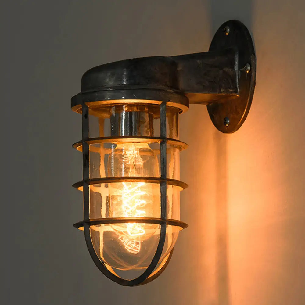 Metal Cage Wall Sconce with Glass Shade – Industrial Hardwired Light for Hallway, Bedroom, Dining Room – 4" Wide 1-Light Fixture | Thomler