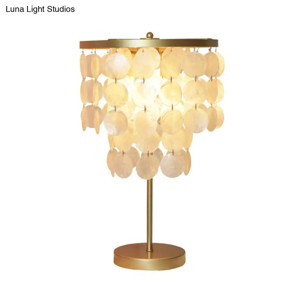 Two-Tier Seashell Table Lamp with Dual Sockets for Bedroom, Decorative Nightstand Accent Light in Gold Finish | Thomler