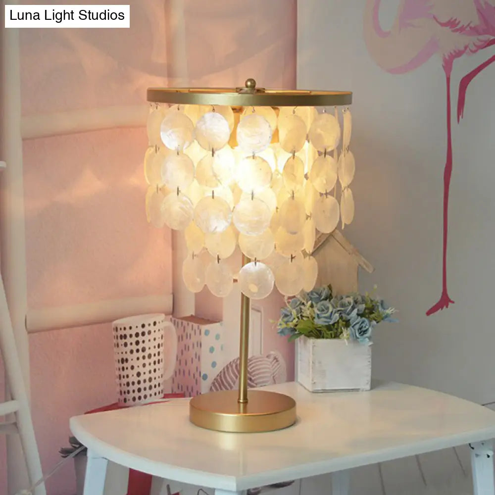 Two-Tier Seashell Table Lamp with Dual Sockets for Bedroom, Decorative Nightstand Accent Light in Gold Finish | Thomler