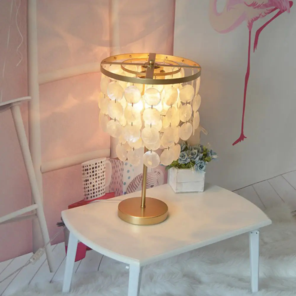 Two-Tier Seashell Table Lamp with Dual Sockets for Bedroom, Decorative Nightstand Accent Light in Gold Finish | Thomler