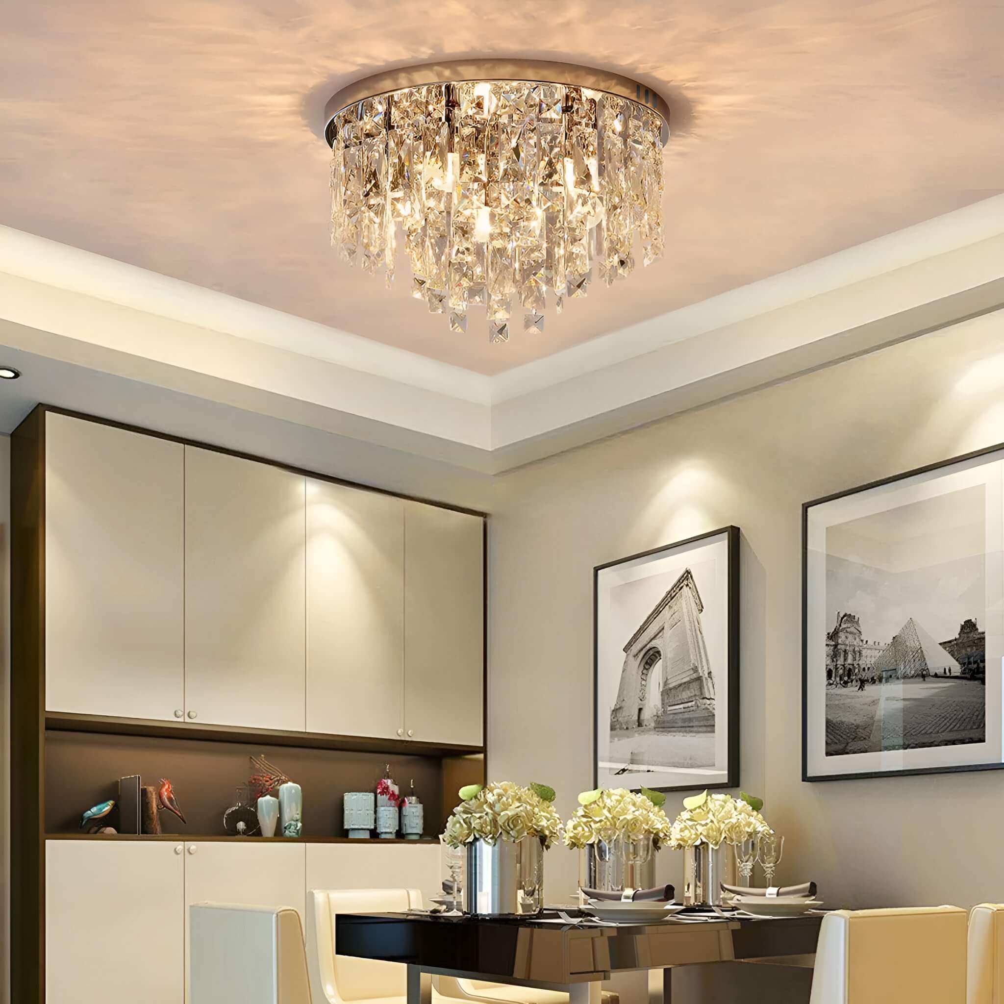 Flush Mount Crystal Ceiling Light Round Chandelier Chrome Finish for Bedroom Living Room Hallway Elegant Lighting Fixture Sparkling | Thomler