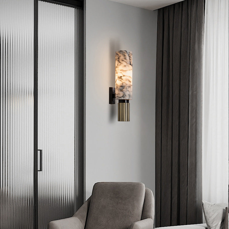 Marble and Copper Wall Sconce with Warm LED Light for Bedroom, Hallway, Living Room – Natural Stone Accent Wall Fixture | Thomler