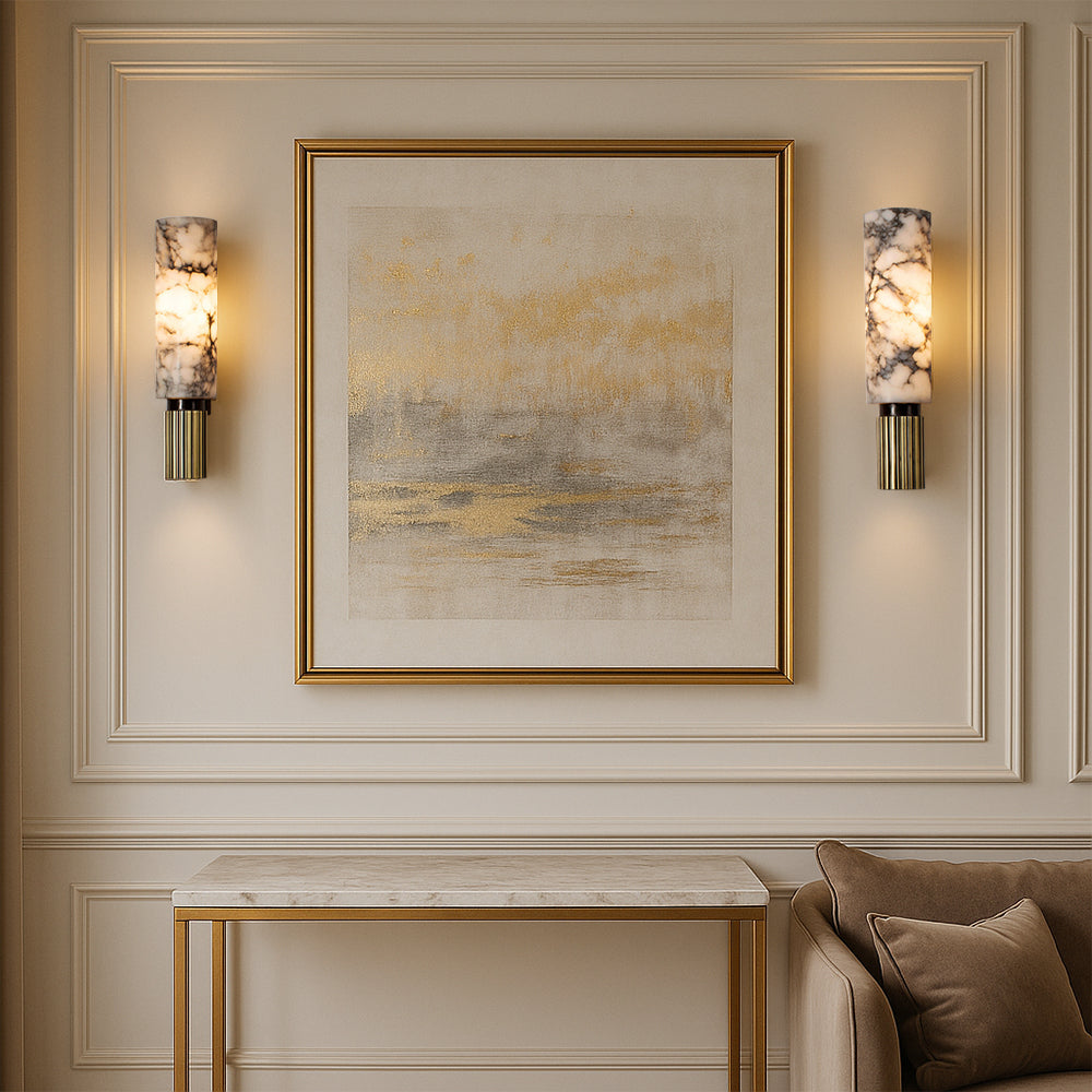 Marble and Copper Wall Sconce with Warm LED Light for Bedroom, Hallway, Living Room – Natural Stone Accent Wall Fixture | Thomler