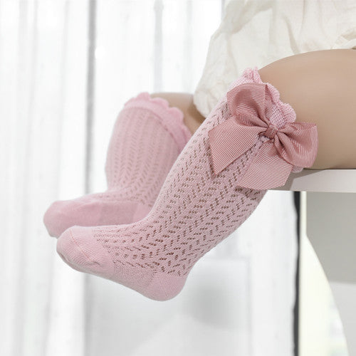 Infant Knee-High Socks with Oversized Ribbon Accent for Girls | Breathable Mesh Knit Footwear for Newborns and Toddlers 0-24 Months | Thomler