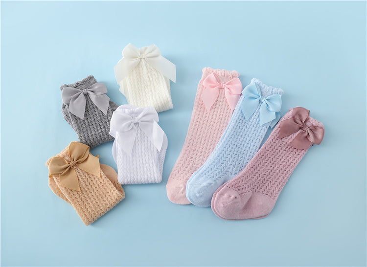 Infant Knee-High Socks with Oversized Ribbon Accent for Girls | Breathable Mesh Knit Footwear for Newborns and Toddlers 0-24 Months | Thomler