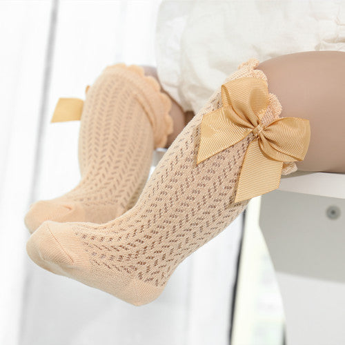 Infant Knee-High Socks with Oversized Ribbon Accent for Girls | Breathable Mesh Knit Footwear for Newborns and Toddlers 0-24 Months | Thomler