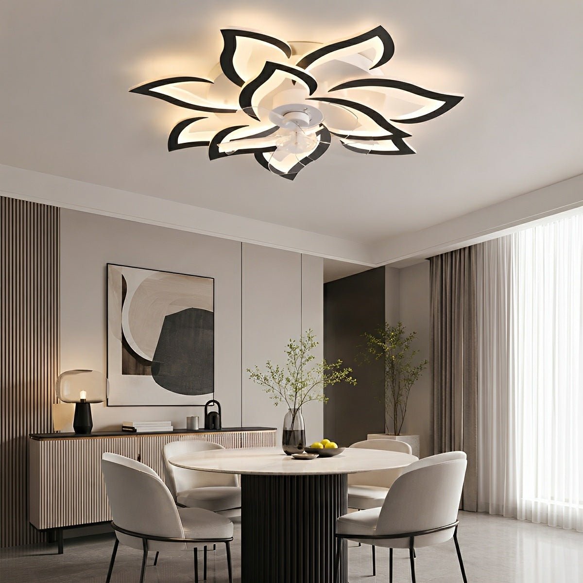 Petal-Shaped Low-Profile LED Ceiling Fan with Remote & Dimmable Light – DC Motor, 3 Color Temps, Flush Mount for Bedroom, Living Room | Thomler