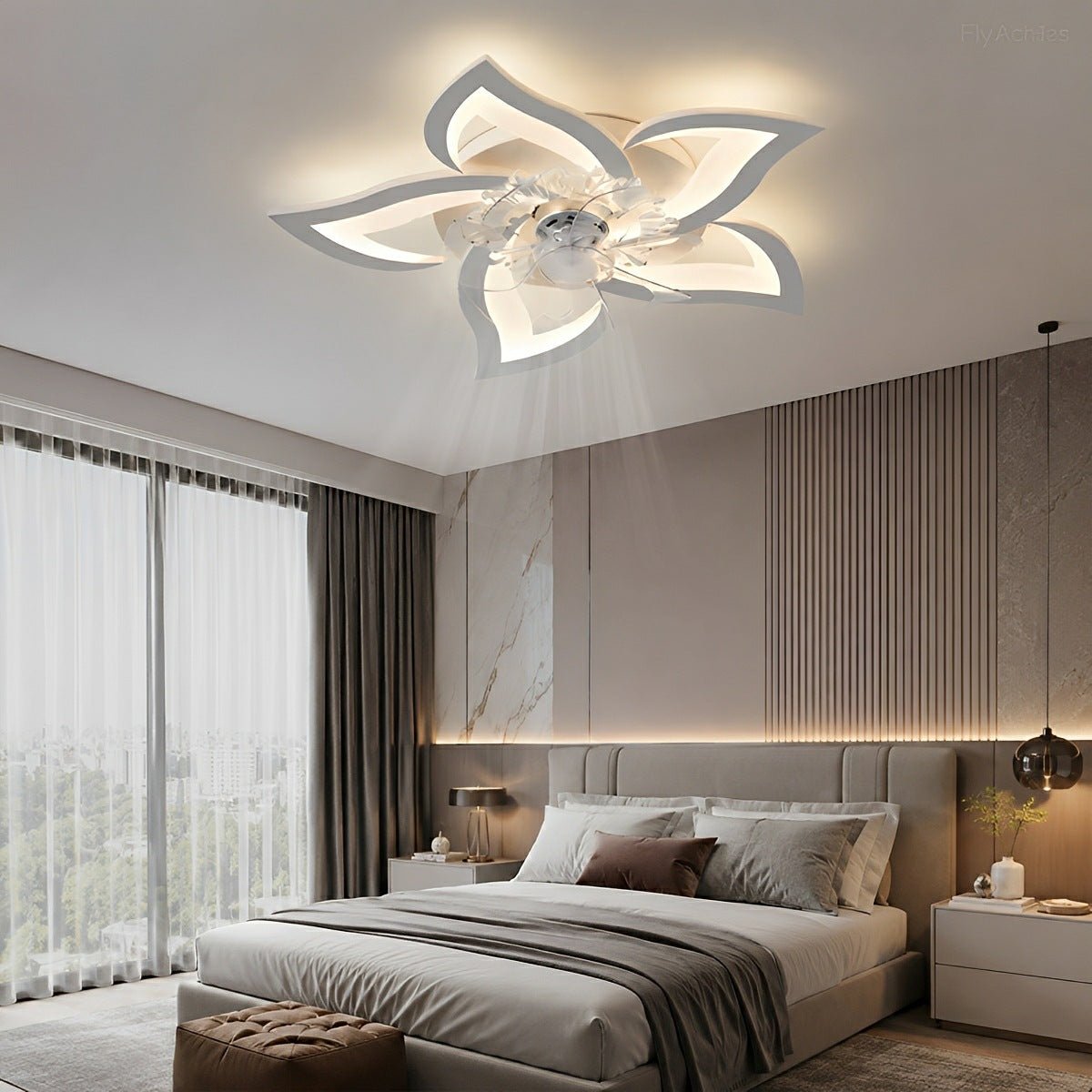 Petal-Shaped Low-Profile LED Ceiling Fan with Remote & Dimmable Light – DC Motor, 3 Color Temps, Flush Mount for Bedroom, Living Room | Thomler