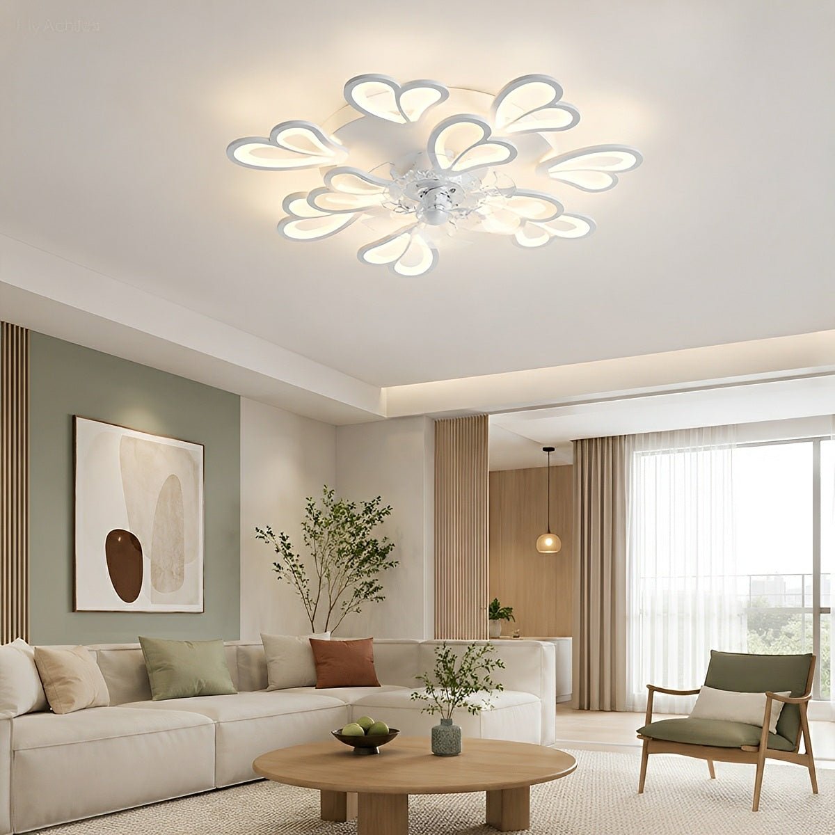 Petal-Shaped Low-Profile LED Ceiling Fan with Remote & Dimmable Light – DC Motor, 3 Color Temps, Flush Mount for Bedroom, Living Room | Thomler