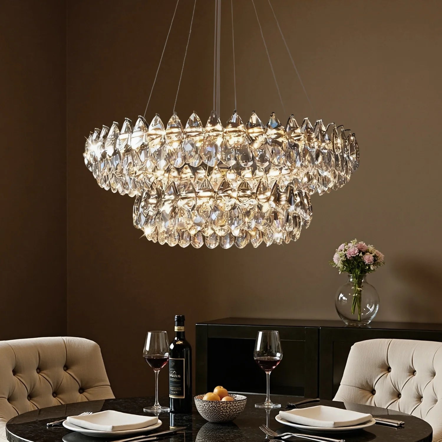 Chandelier Crystal Double Ring 32.3 in LED Chrome Dining Room Living Room Ceiling Light Fixture Modern Adjustable Hanging | Thomler