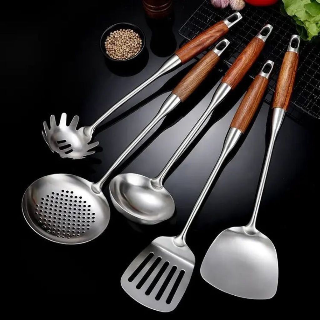 Six-Piece Cooking Utensil Set — Stainless Steel with Wood Handles for Everyday Kitchen Use | Thomler