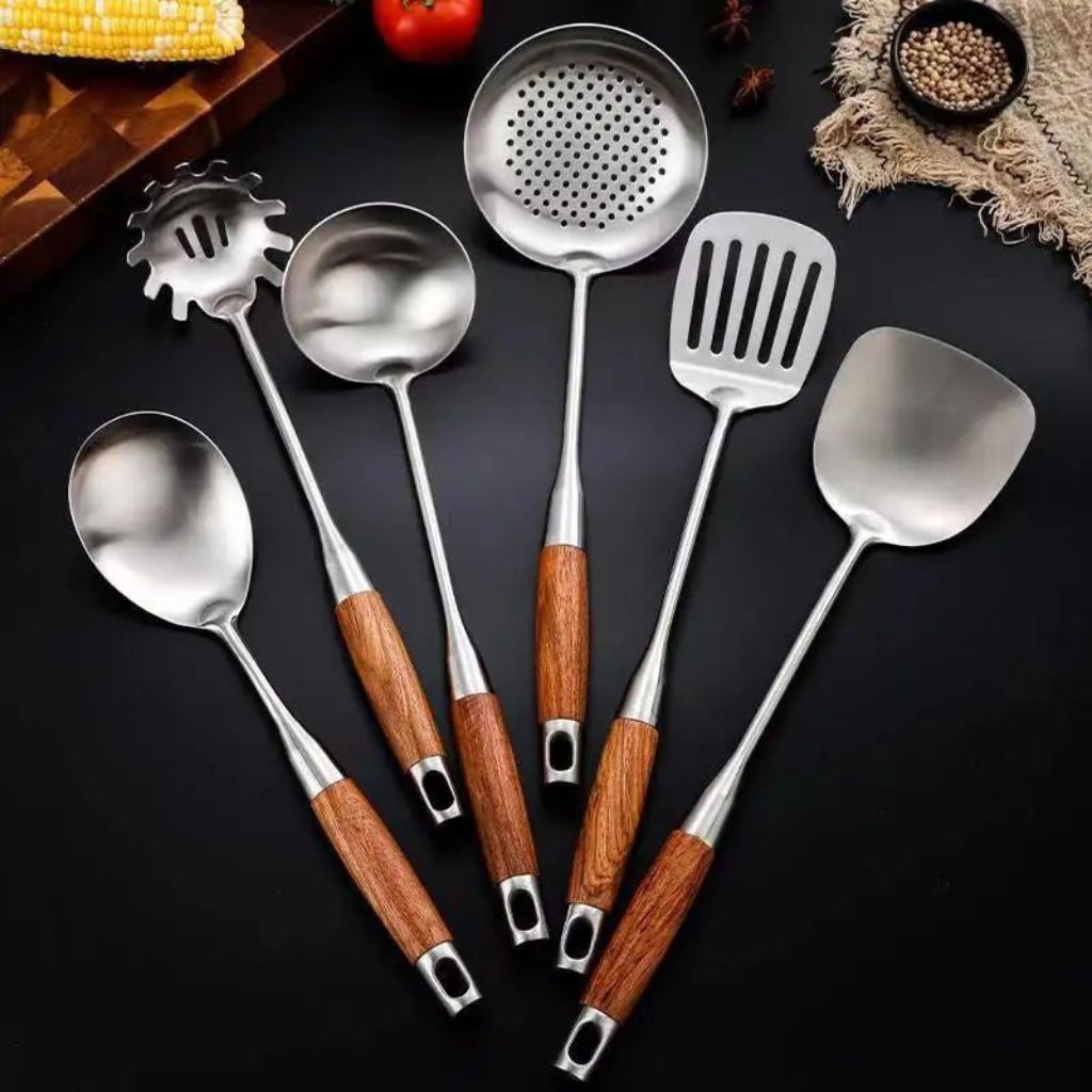 Six-Piece Cooking Utensil Set — Stainless Steel with Wood Handles for Everyday Kitchen Use | Thomler