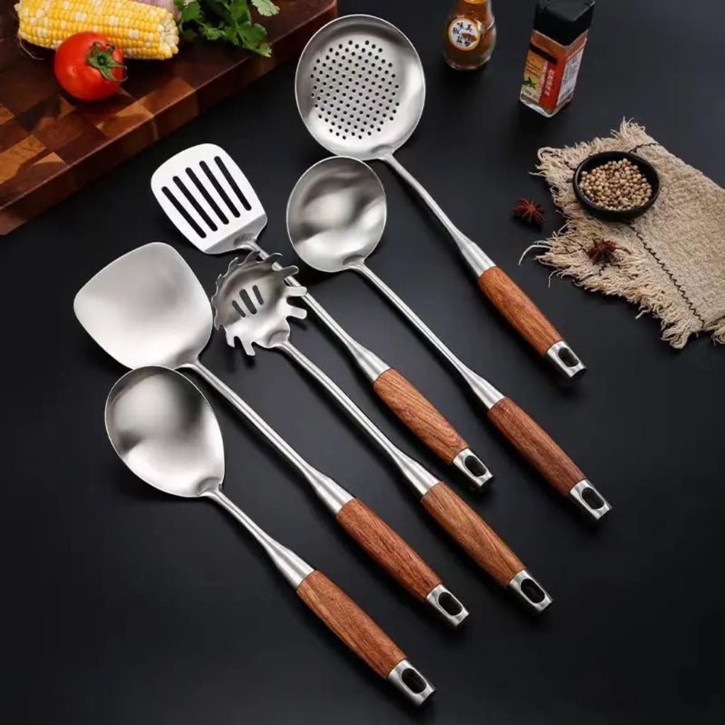 Six-Piece Cooking Utensil Set — Stainless Steel with Wood Handles for Everyday Kitchen Use | Thomler