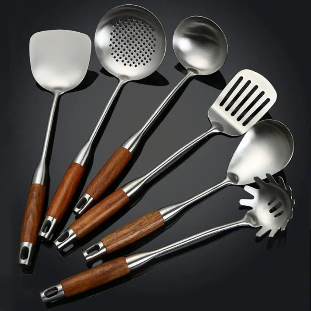 Six-Piece Cooking Utensil Set — Stainless Steel with Wood Handles for Everyday Kitchen Use | Thomler