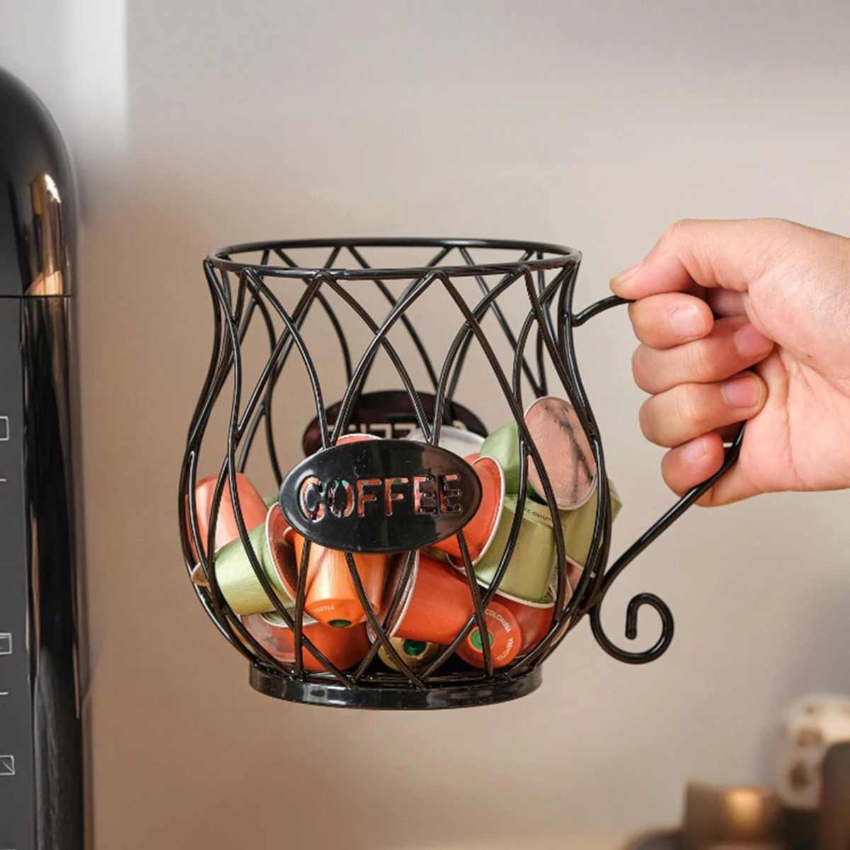 Metal Wire Coffee Capsule Organizer Stand with Handle – Single Serve Pod Storage Rack for Kitchen Counter | Thomler