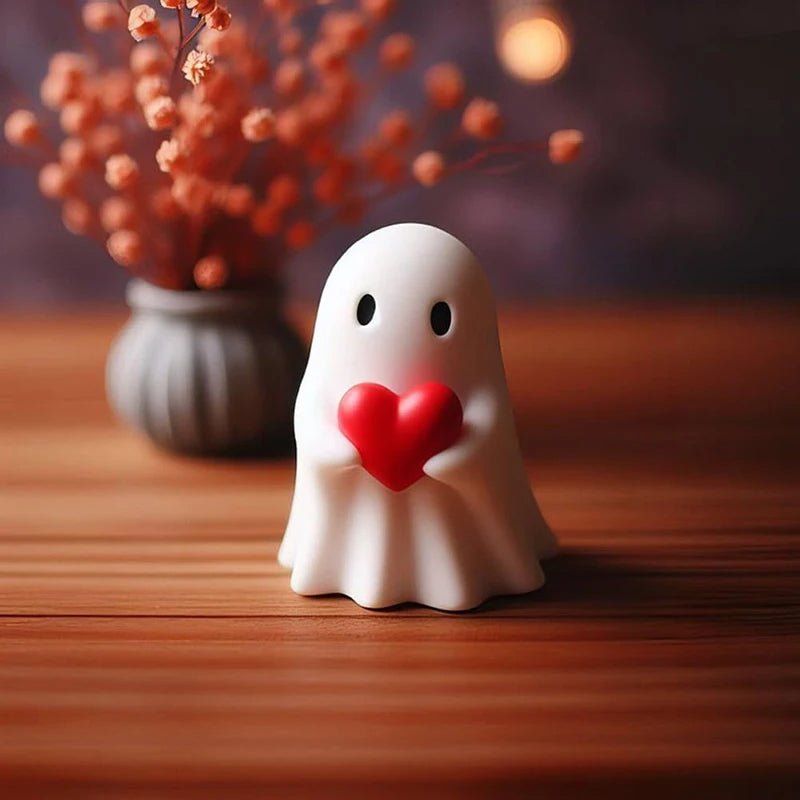Resin Ghost Figurine with Heart & Attitude – Whimsical Tabletop Sculpture for Seasonal Display & Year-Round Charm | Thomler