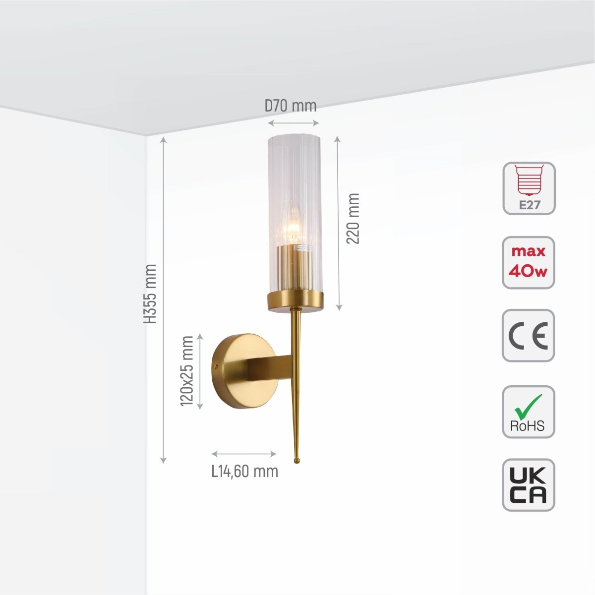 Wall Lamp Steel Ribbed Glass 41.0 cm Dimmable E27 Bedroom Hallway Living Room Art Deco Vintage Sconce Light | Thomler