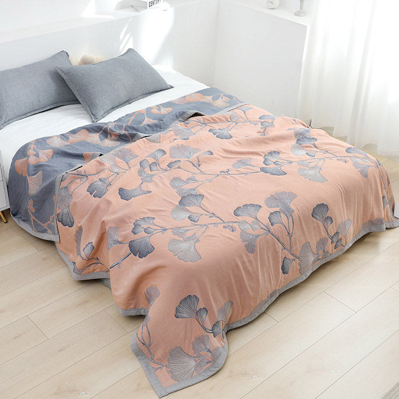 Reversible Cotton Gauze Quilt with Ginkgo Leaf Pattern – Lightweight Jacquard Bedspread for Summer & Air Conditioning – Eco-Friendly | Thomler