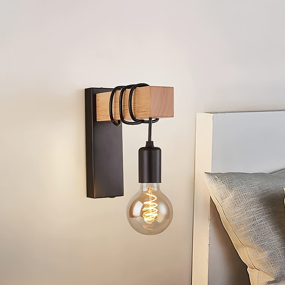 Metal and Wood Wall Light Fixture with E27 Socket – Modern Rustic Sconce for Hallway Bedroom Living Room – Semi-Flush Mount Design | Thomler