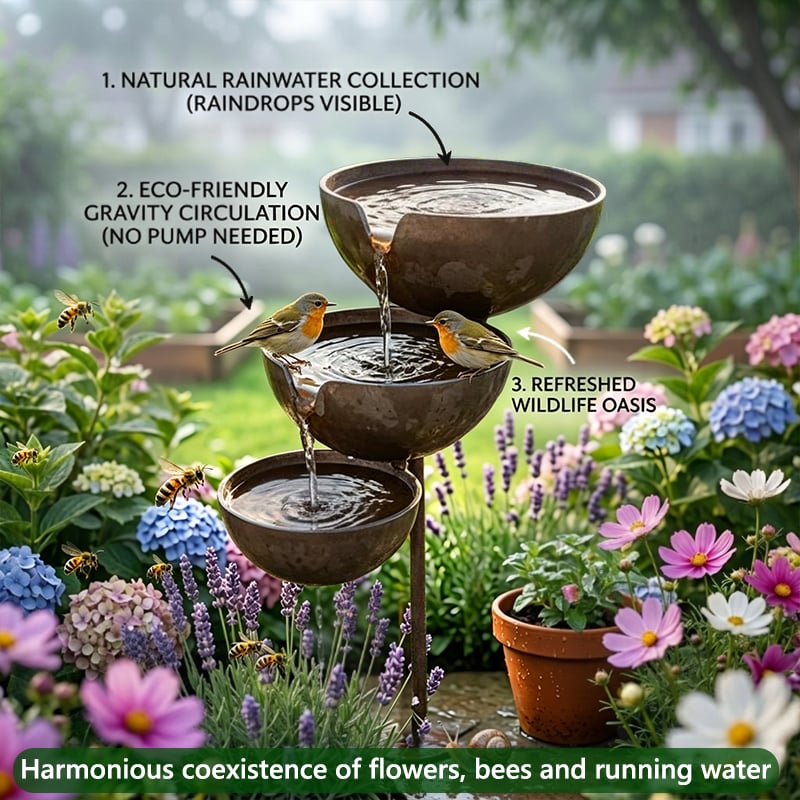 Tiered Metal Rain-Fed Bird Bath for Garden – Self-Filling Water Feature with Cascading Bowls | Thomler