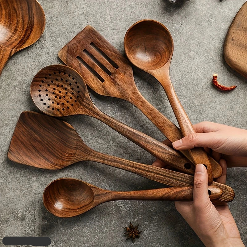 Natural Teak Wood Cooking Utensil Set for Kitchen & Dining | Eco-Friendly Solid Hardwood Spatula Spoon Tool Collection | Heat-Resistant | Thomler