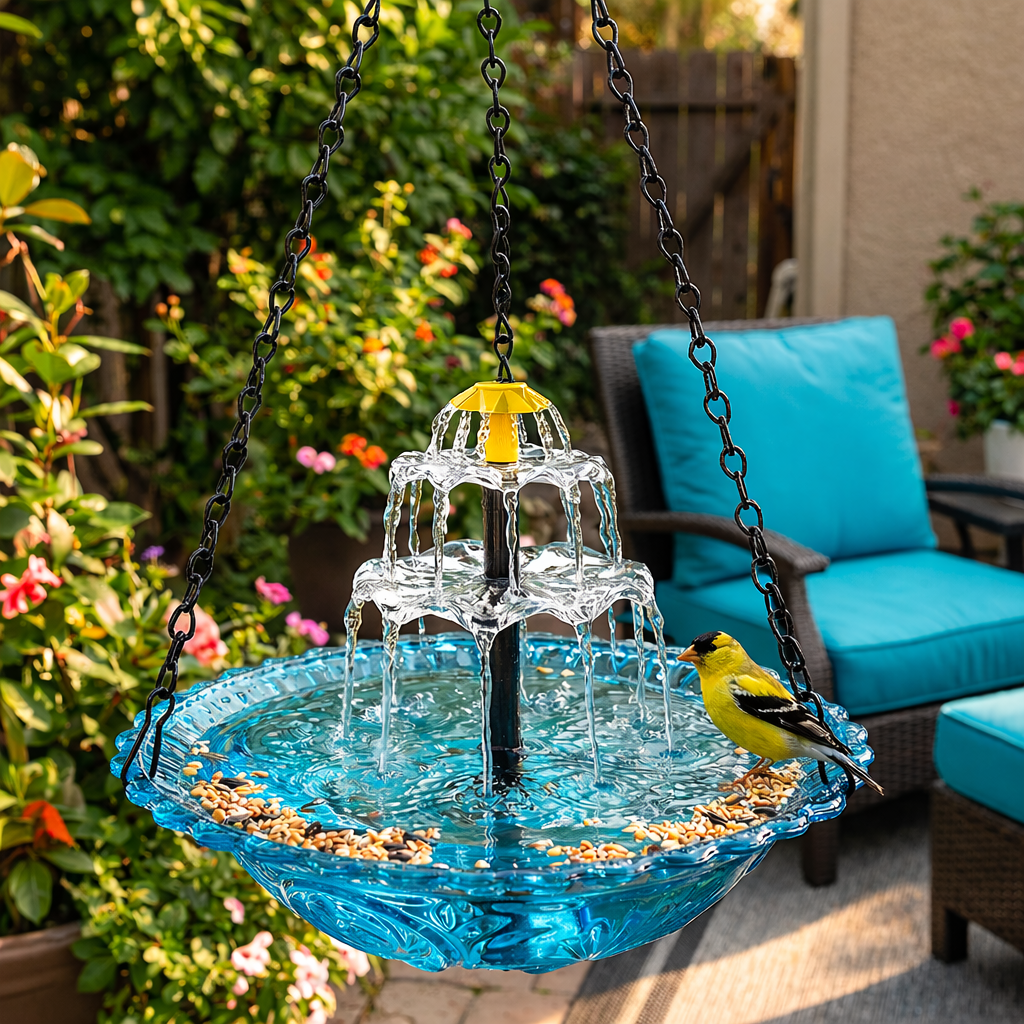 Hanging Glass Bird Bath 25.5 cm Two-Tier Solar Waterfall Blue Patio Garden Decor | Thomler