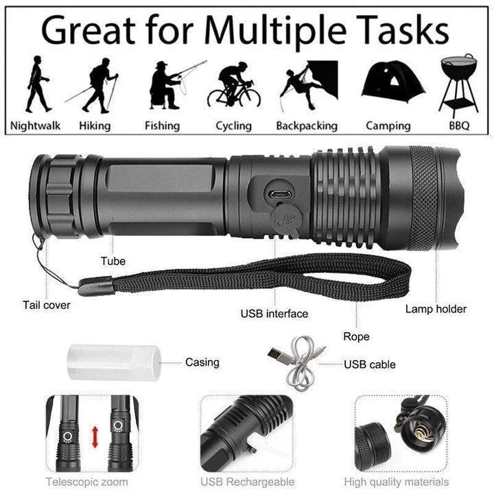 Rechargeable LED Tactical Flashlight USB Zoom Adjustable 90000 Lumen Handheld Torch for Camping Hiking Emergency | Thomler