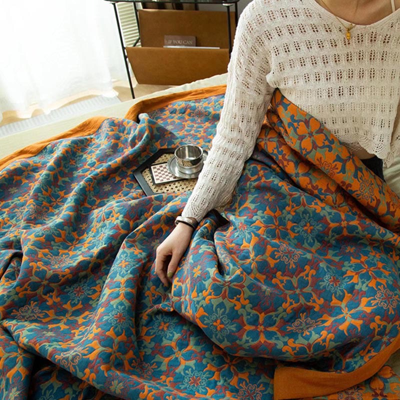 Six-Layer Cotton Quilt Reversible Lightweight Blanket Orange Blue Geometric Pattern for Year-Round Comfort Bedroom Guest Room | Thomler