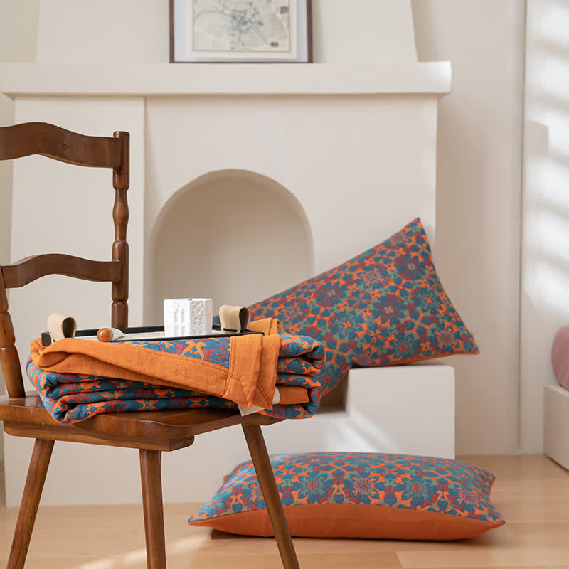 Six-Layer Cotton Quilt Reversible Lightweight Blanket Orange Blue Geometric Pattern for Year-Round Comfort Bedroom Guest Room | Thomler