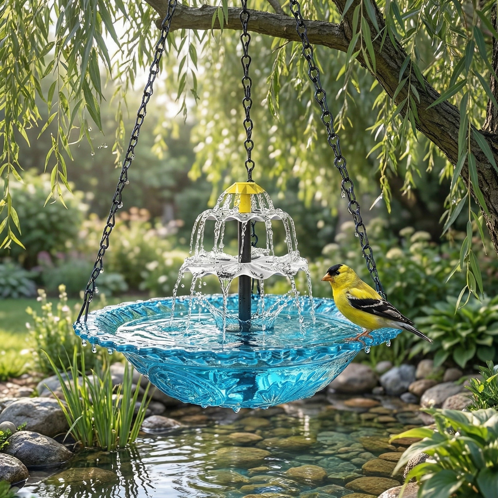 Hanging Glass Bird Bath 25.5 cm Two-Tier Solar Waterfall Blue Patio Garden Decor | Thomler
