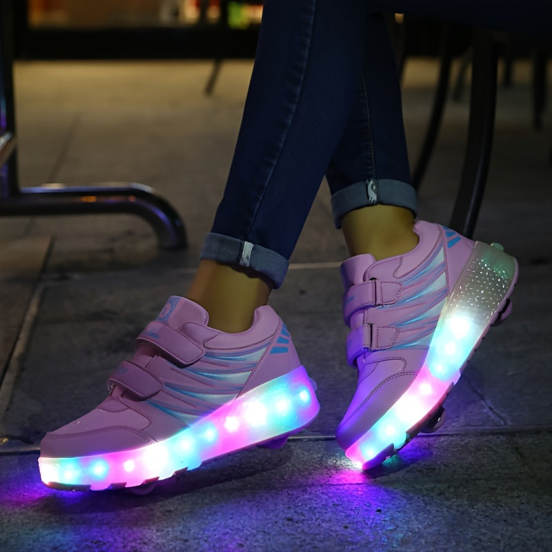Roller Sneakers Faux Leather LED Sole Pink Children Outdoor Play Detachable Wheel Light Up Shoes Double Velcro | Thomler