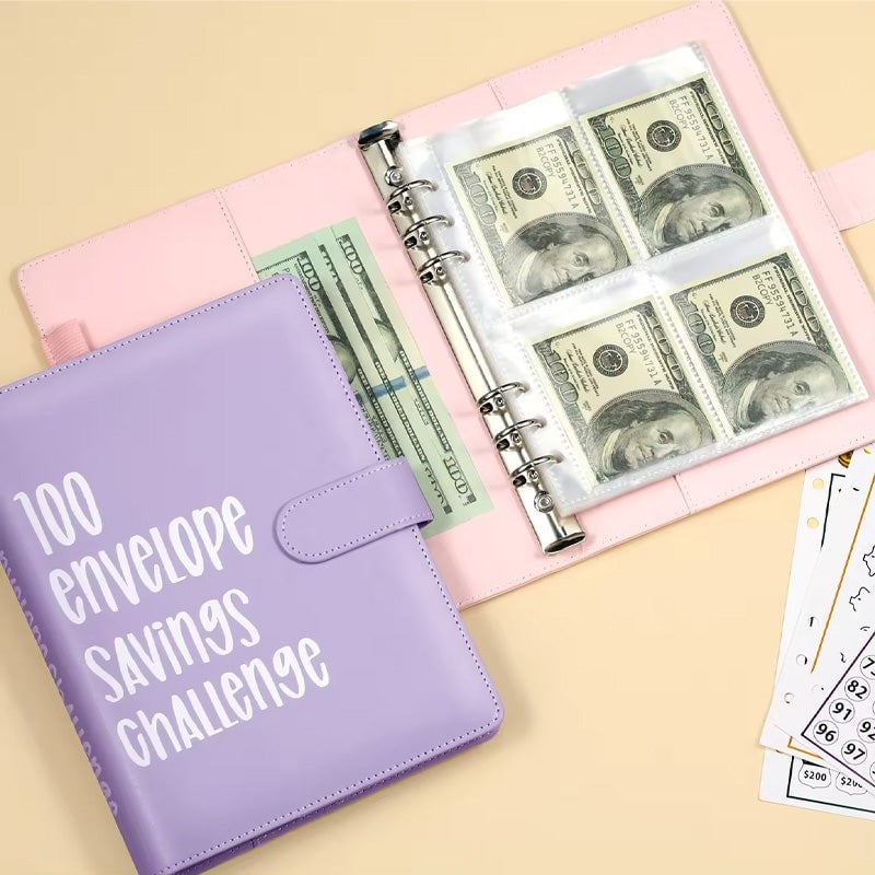100-Envelope Money Saving Binder with Cash Envelopes for Budget Tracking & Financial Goals | PU Leather Organizer for Home Finance | Thomler