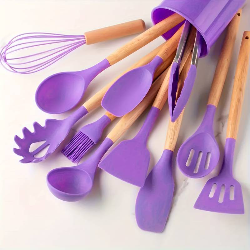 12-Piece Silicone Cooking Utensil Set with Wood Handles Heat Resistant Kitchen Tools for Nonstick Cookware Home Chef Spatula Spoon Whisk | Thomler