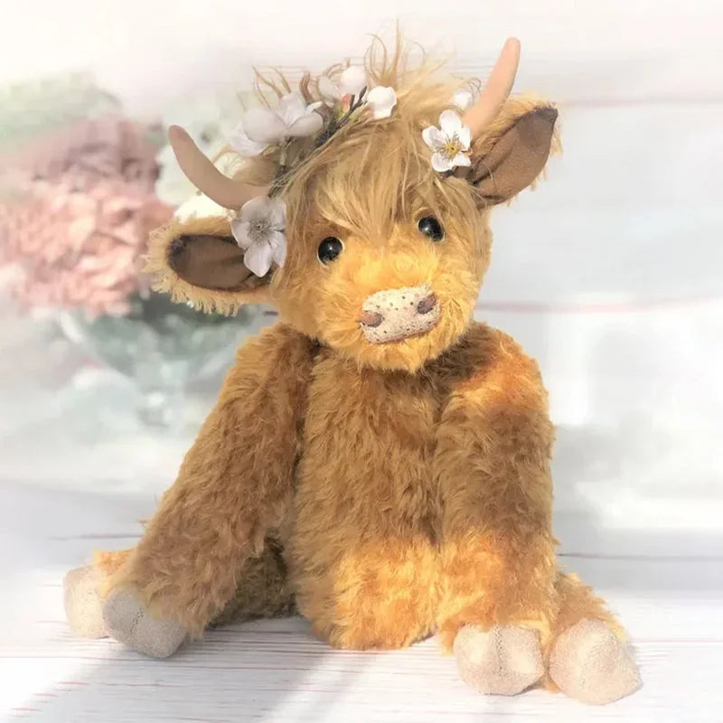 Handcrafted Highland Cow Plush Figurine with Floral Crown Decoration for Shelf Display and Home Decor | Thomler