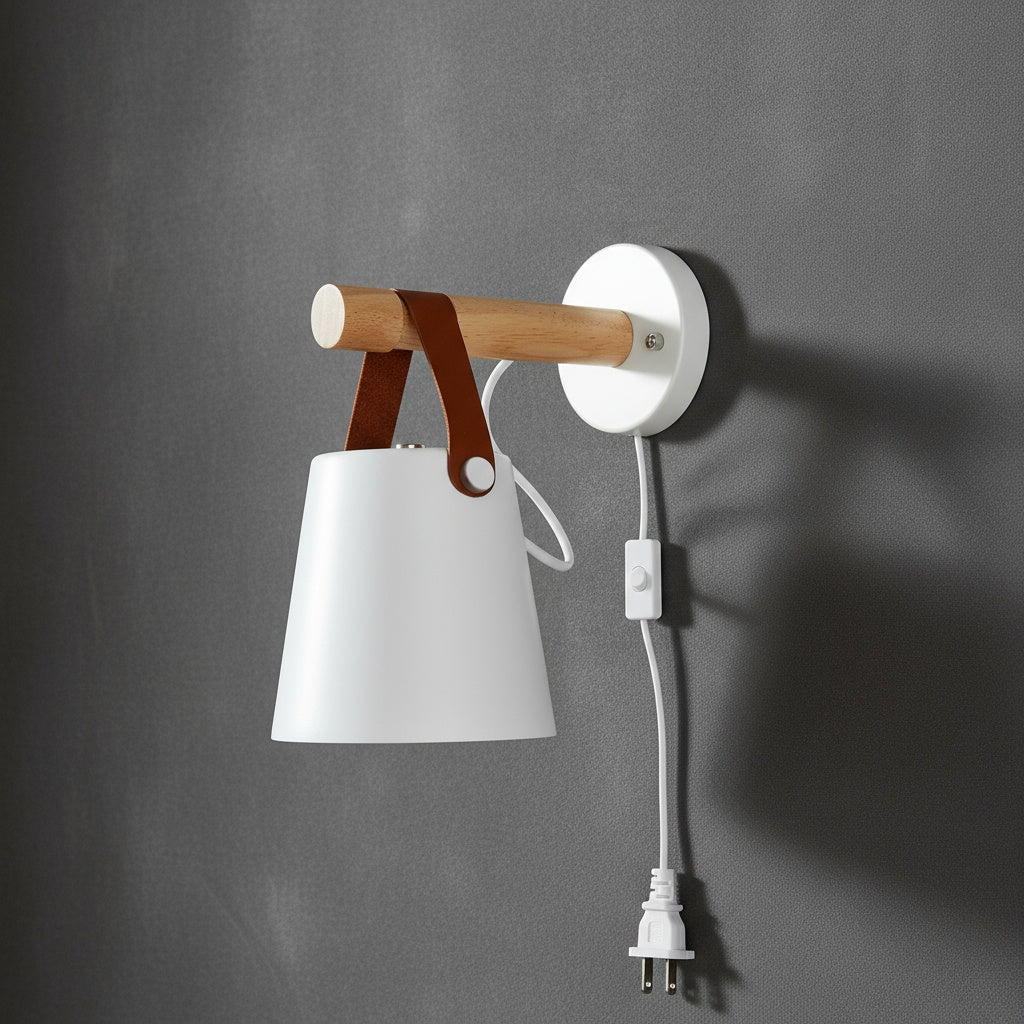 Wooden Wall Sconce Minimalist Bedroom Lighting Black White Hardwired Plug In Ambient Light Fixture Modern Scandinavian Style Home Decor | Thomler