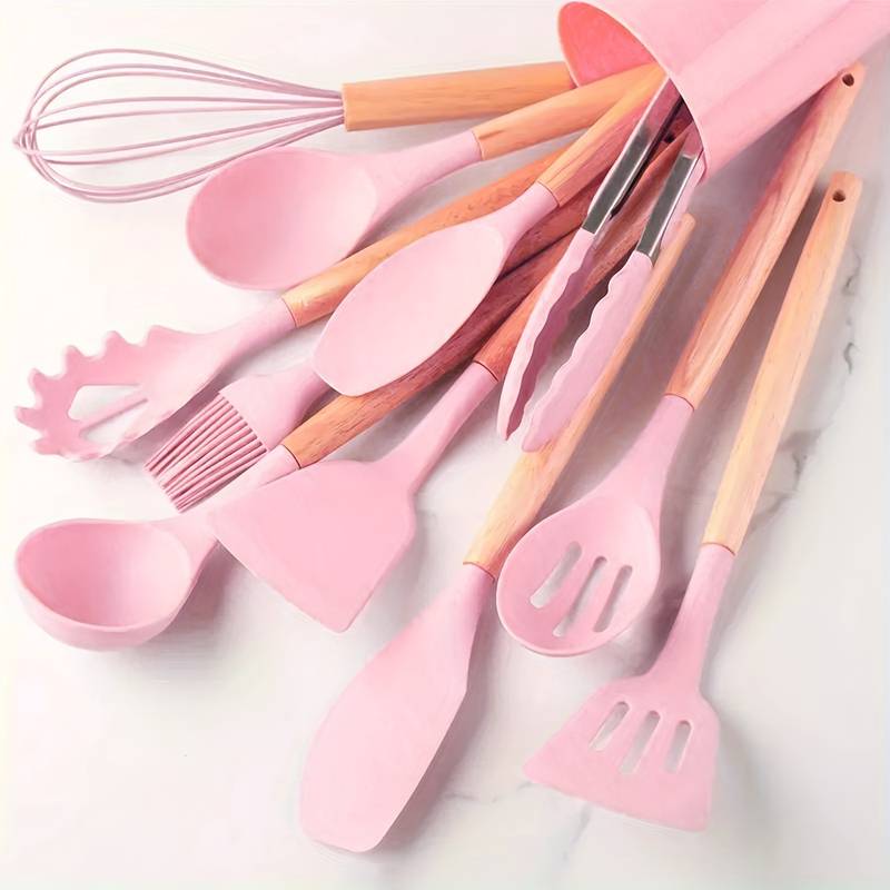 12-Piece Silicone Cooking Utensil Set with Wood Handles Heat Resistant Kitchen Tools for Nonstick Cookware Home Chef Spatula Spoon Whisk | Thomler