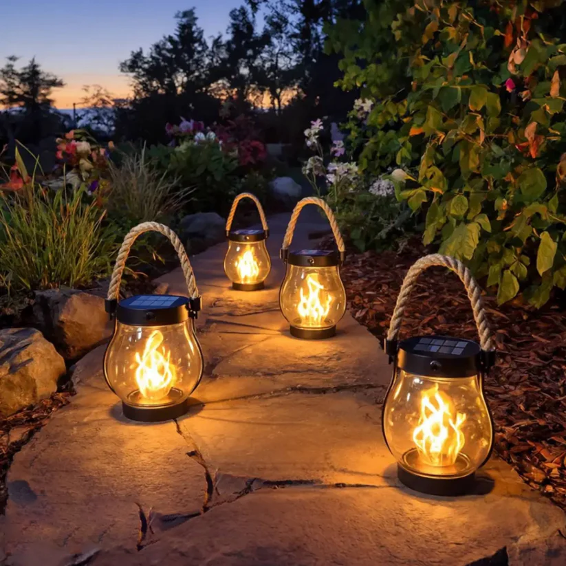 Rechargeable LED Flame Lantern with Solar Panel & Rope Handle for Patio Camping Outdoor Garden Decoration | Thomler